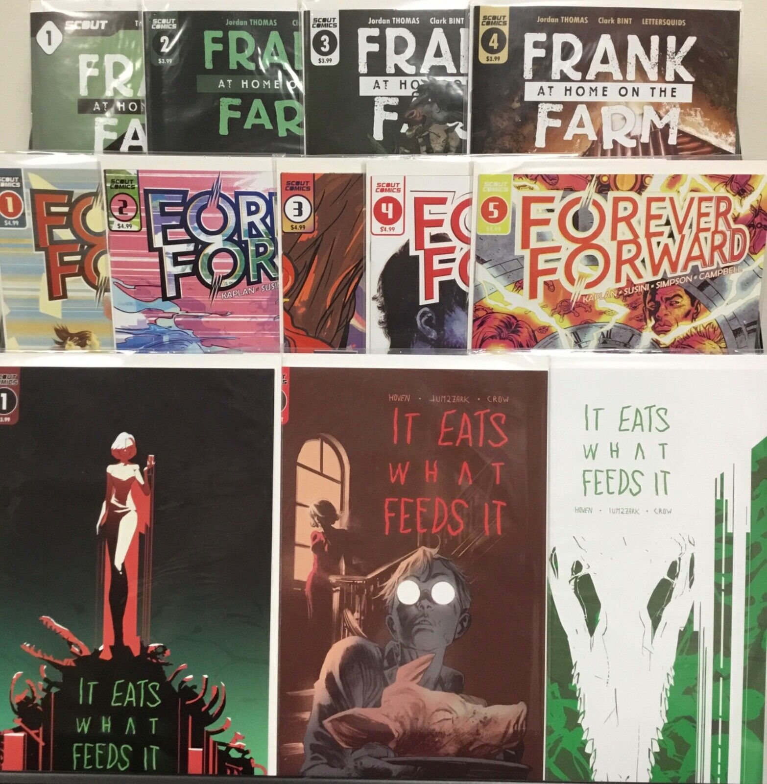 Scout Comics Frank 1-4, Forever Forward 1-5, It Eats What Feeds it 1-3