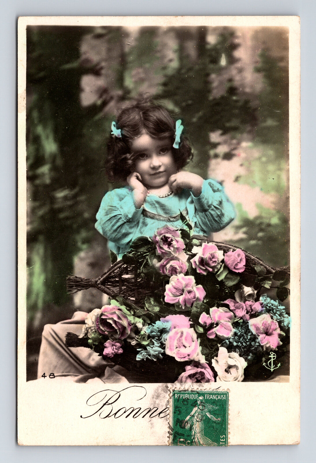 RPPC Young French Girl Pink Roses Hand Colored Bernay L' Eure France Postcard