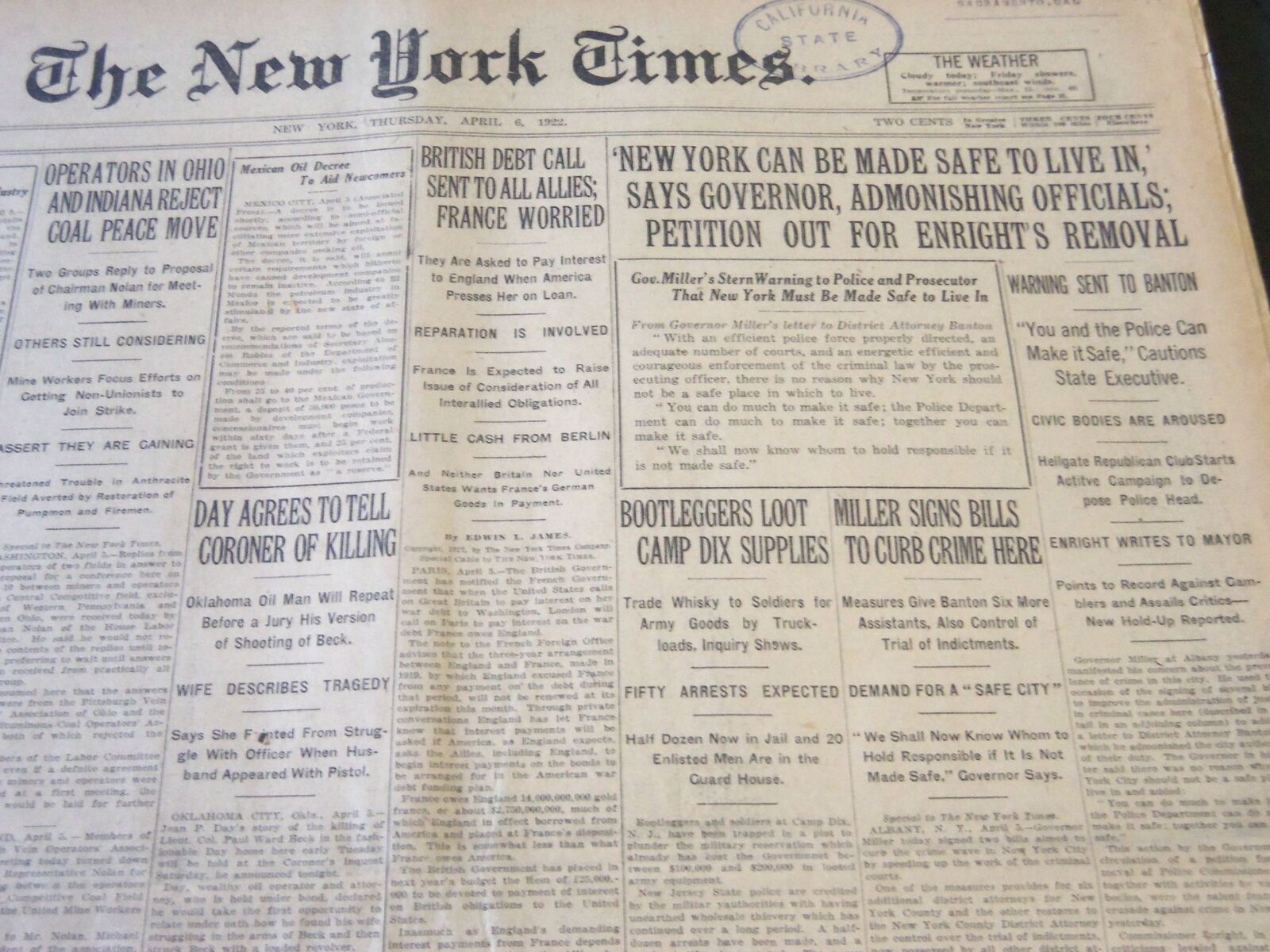 1922 APRIL 6 NEW YORK TIMES - BOOTLEGGERS LOOT CAMP DIX SUPPLIES - NT 5778