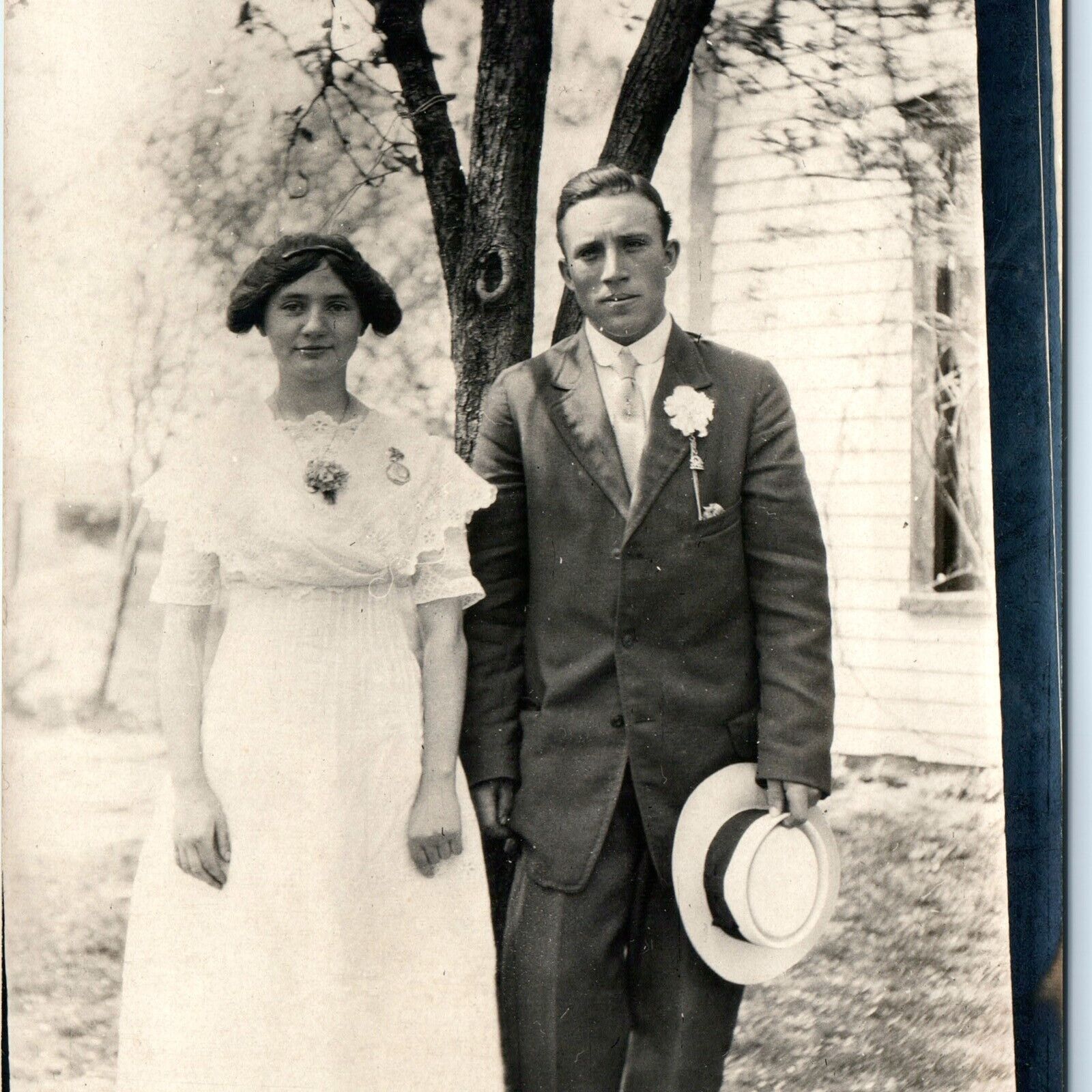 c1910s Enchanting Young Couple RPPC Stylish Attire Man Cute Girl Real Photo A143