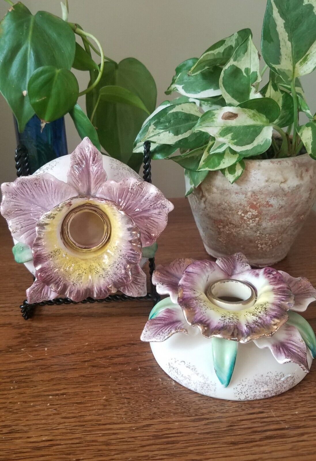 Pair Vintage Purple Gold Porcelain Orchid Candle Holders Commodore Japan 1950s