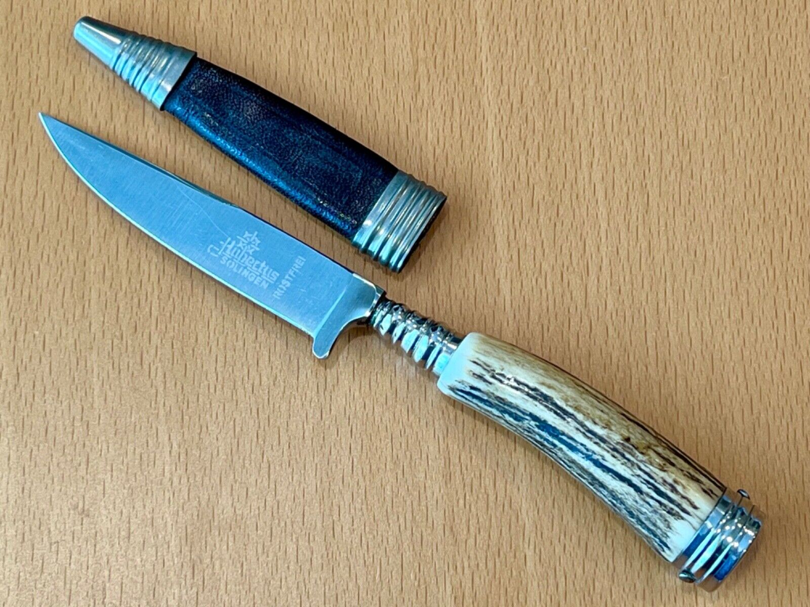 Vintage Hubertus Rostfrei Solingen Knife w/ Stag Handle & Leather Sheath