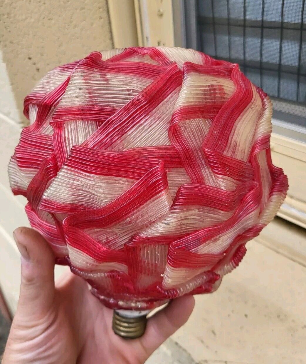 Vtg Mid Century Modern RIBBON LUCITE BALL SHADE Light Red & Clear RETRO Fixture