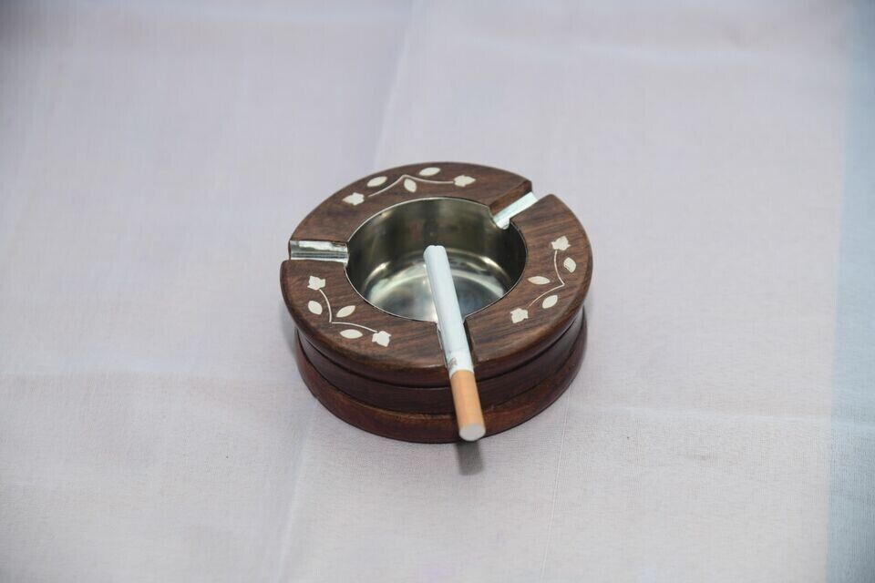 Vintage Wood & Steel Cigarette Ashtray Three Slot Cigar Smoke/Friend/Table Gifts