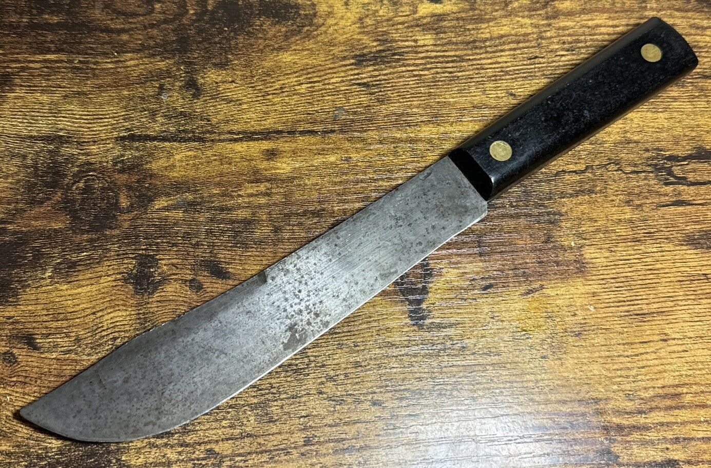Vintage 7” Carbon Steel Blade Black Bakelite Grip Butcher Knife