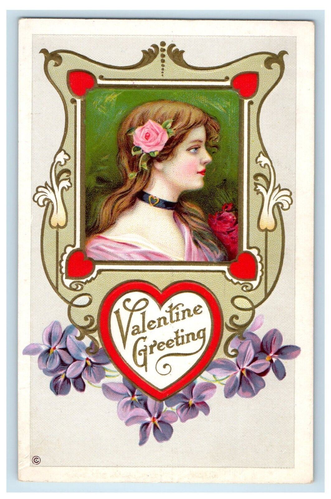 c1910\'s Valentine Greetings Pretty Girl Pink Flowers Hearts Embossed Postcard