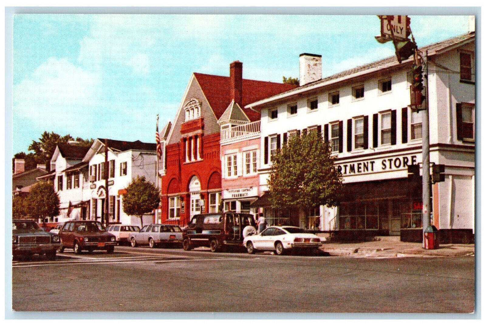 c1980\'s View of Main Street, Architecture of Town Hall, Pittsford NY Postcard