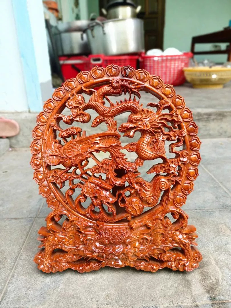Solid Aromatic Wood Four Mythical Beasts Plate with Removable Base Vietnam Arts