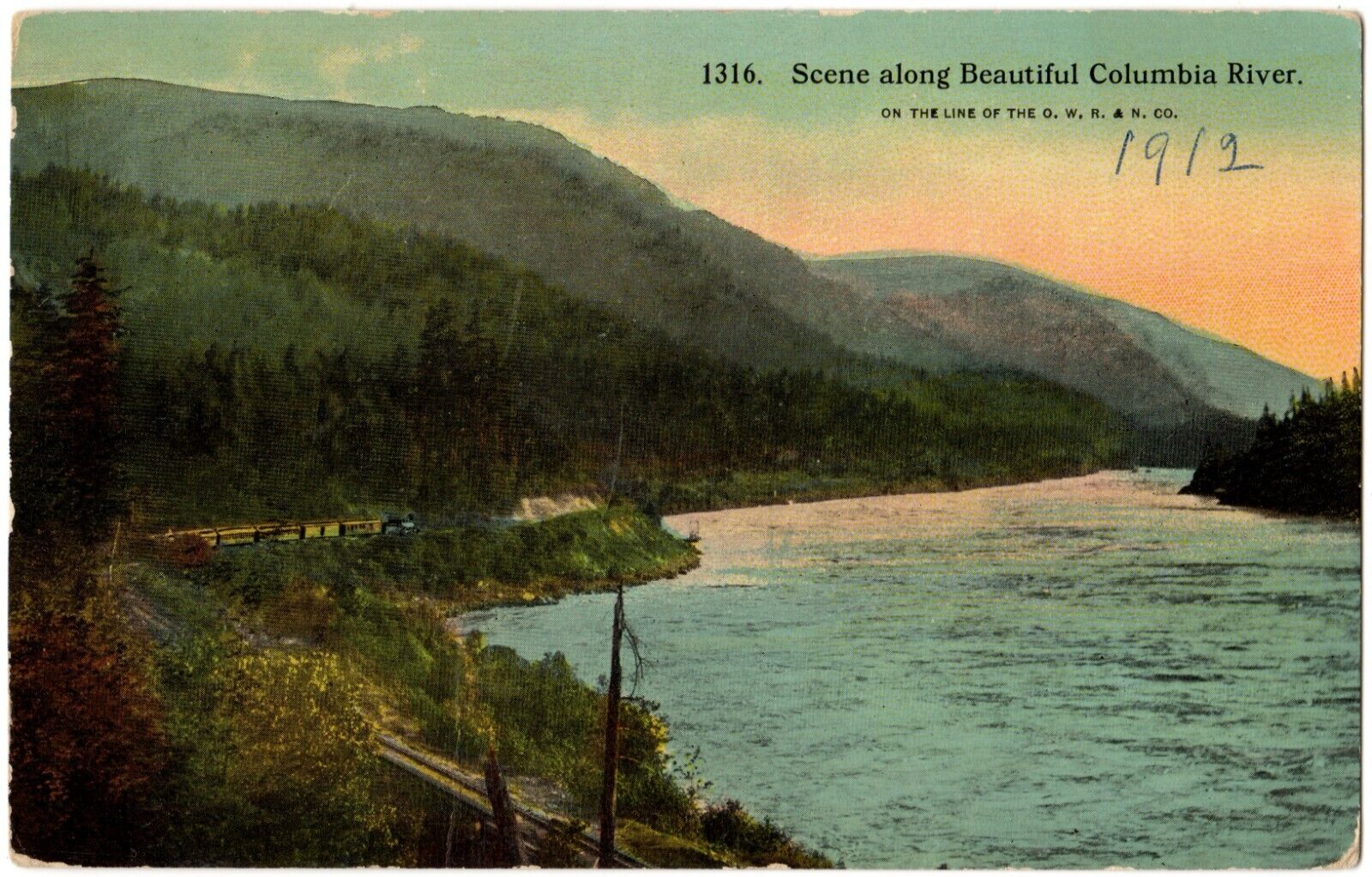 COLUMBIA RIVER, OR - Train, Scenic View, OWR&N Line Oregon Postcard ca. 1912