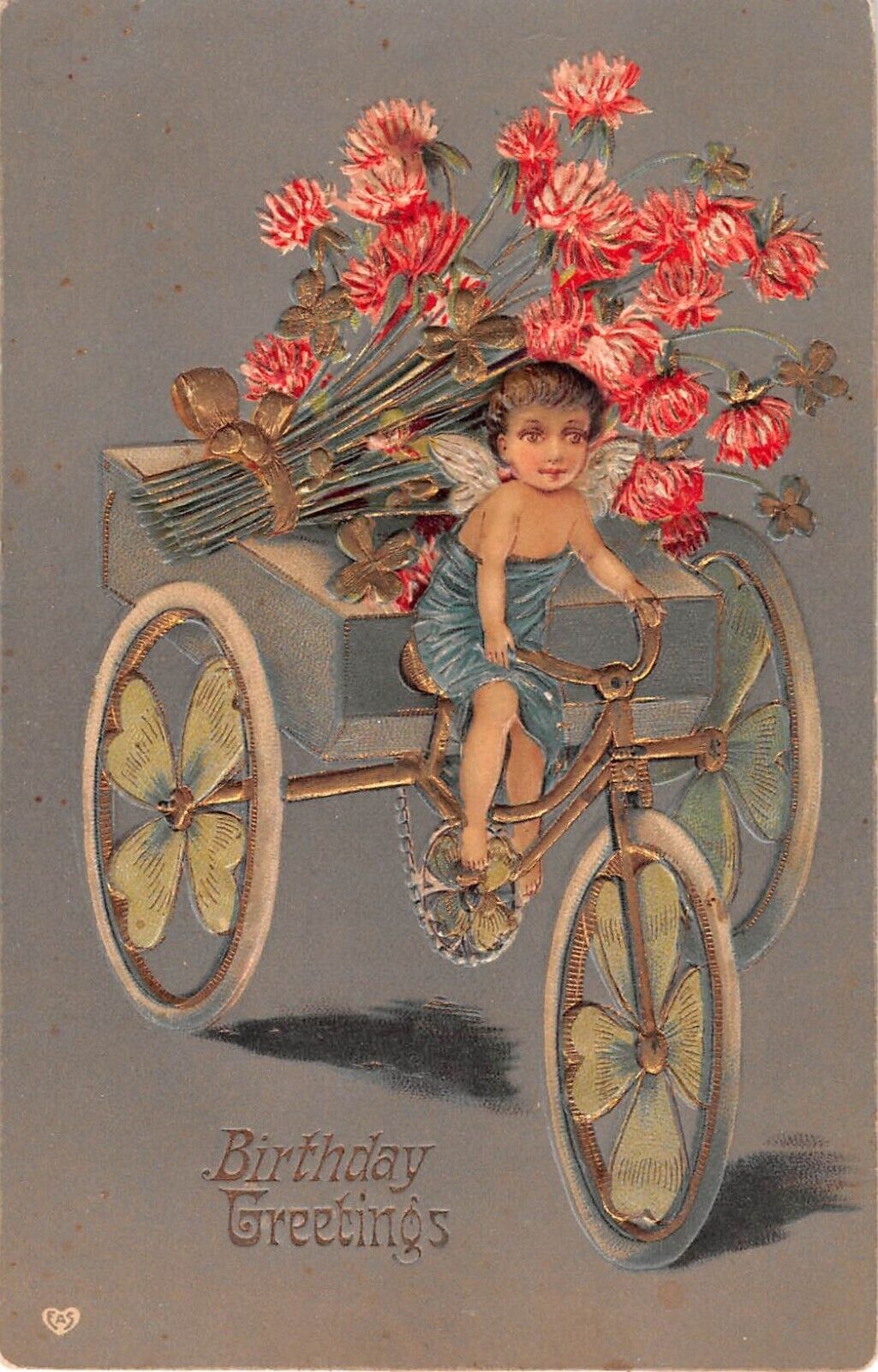 1907 Fantasy EAS Birthday PC-Cherub or Fairy Riding Bicycle With Cart of Clover