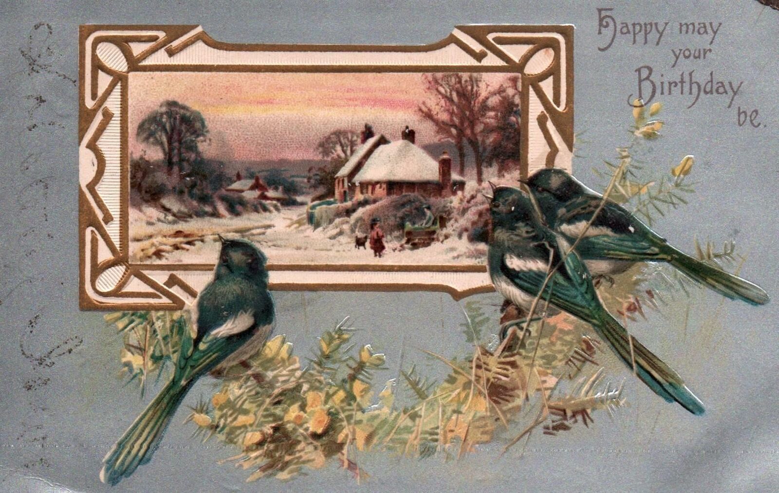 Lovely BIRDS, Snow-Covered COTTAGE On Beautiful Vintage 1908 BIRTHDAY Postcard