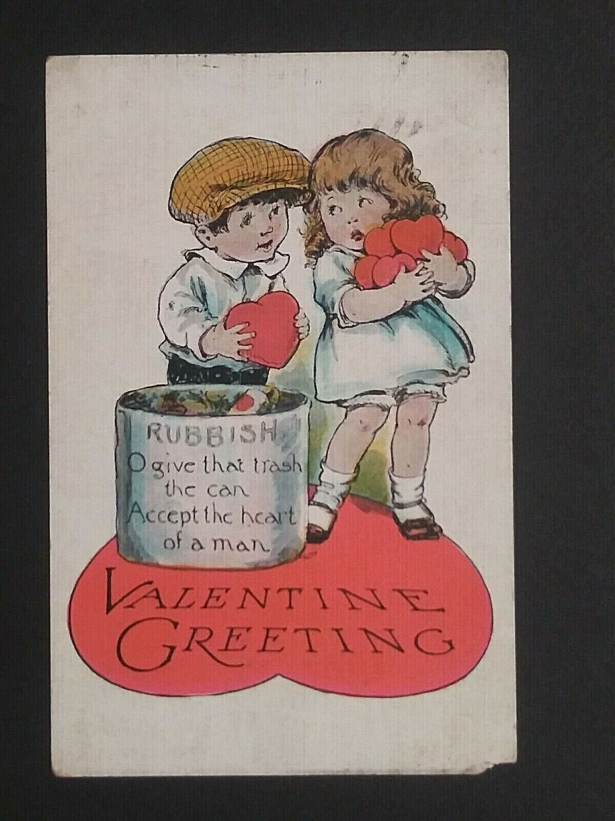 Valentine Day Greeting Kids w/ Hearts Children Antique Postcard c1910s