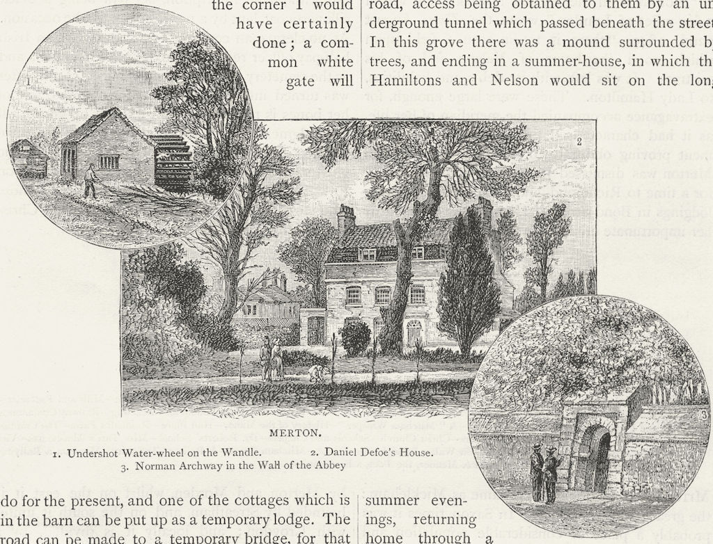 MERTON. Waterwheel, Wandle; Daniel Defoe\'s House; Norman Archway, Abbey 1888