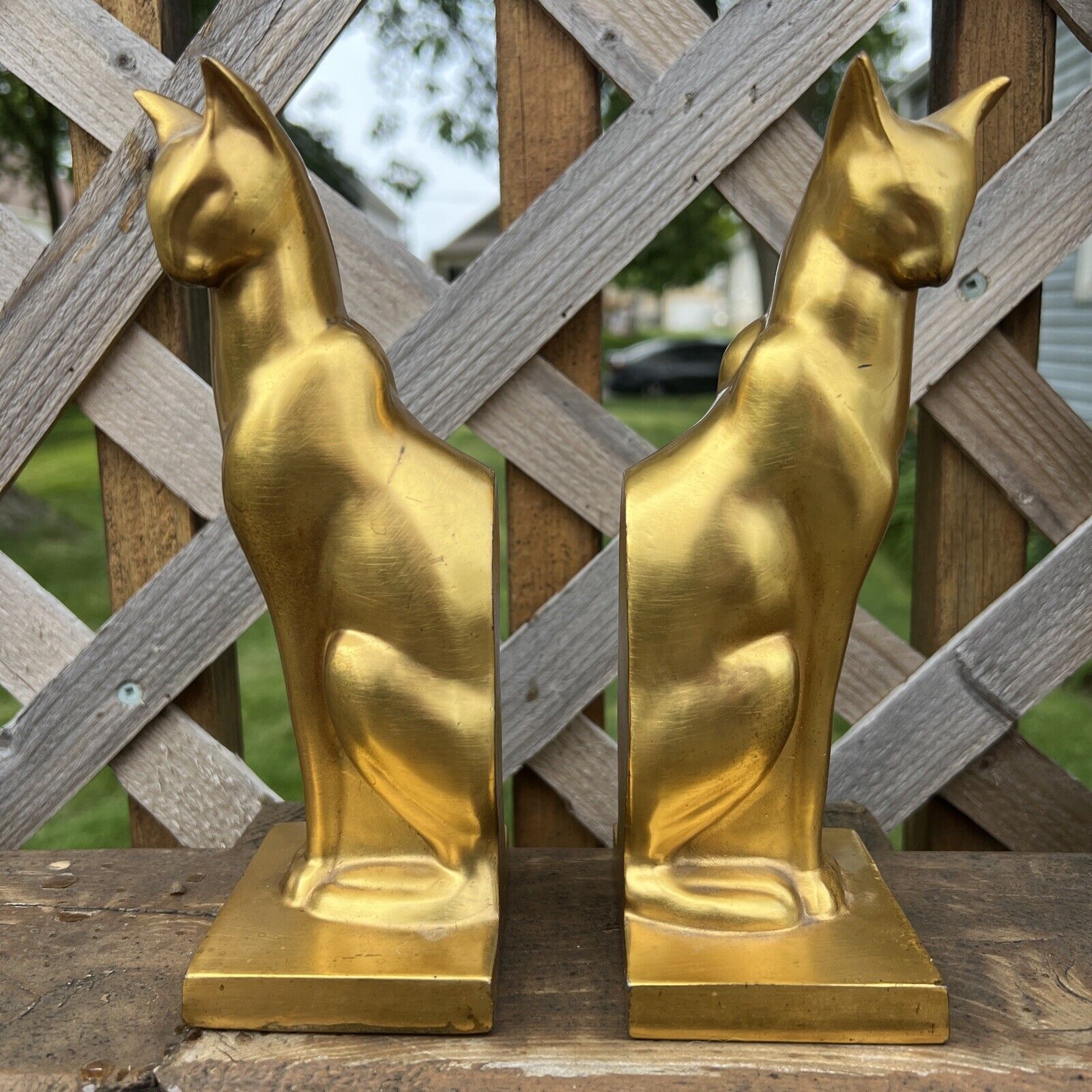 Pair of Art Deco Gold Brass Gold Metal Sitting Cat Bookends 8” Kitty