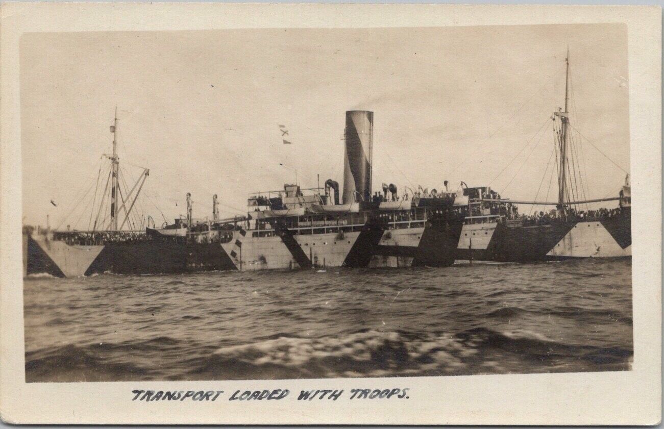 c1910s WWI Military Ship RPPC Photo Postcard Troop Transport / Dazzle Camouflage