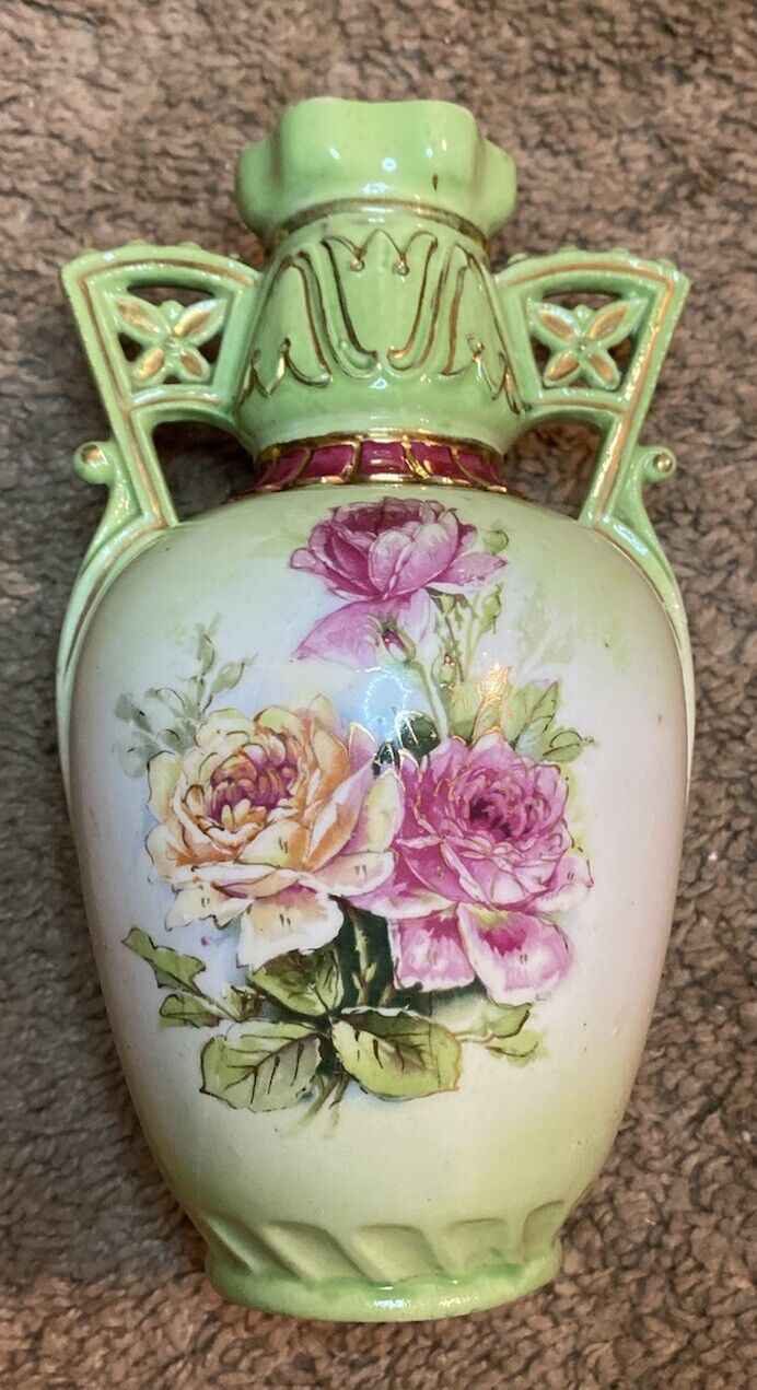 Vintage Austrian Floral  Porcelain Green Floral Vase Double Filigree Handled