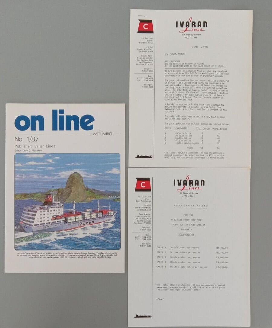 M/S AMERICANA Ivaran Lines Cruise N.Y. to S. America Brochure Fares 4/1/1987