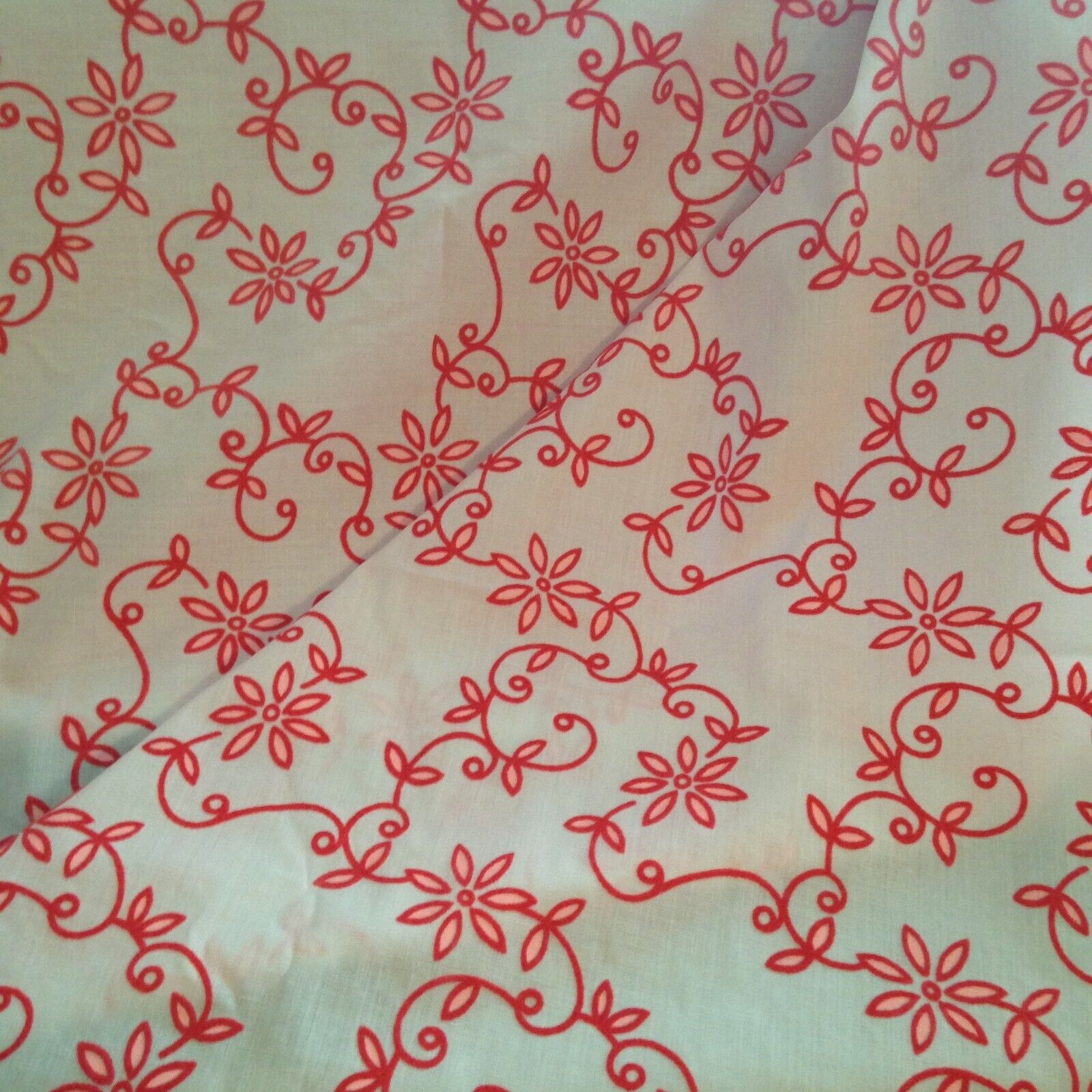 Vintage 19070\'s Flocked White Coral-Salmon Color Poly- Cotton Fabric 2 3/4 Yards