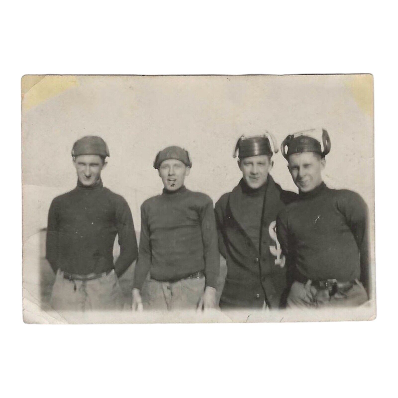Early Antique Snapshot Photo Four Men Wearing Sports Helmets Uniform