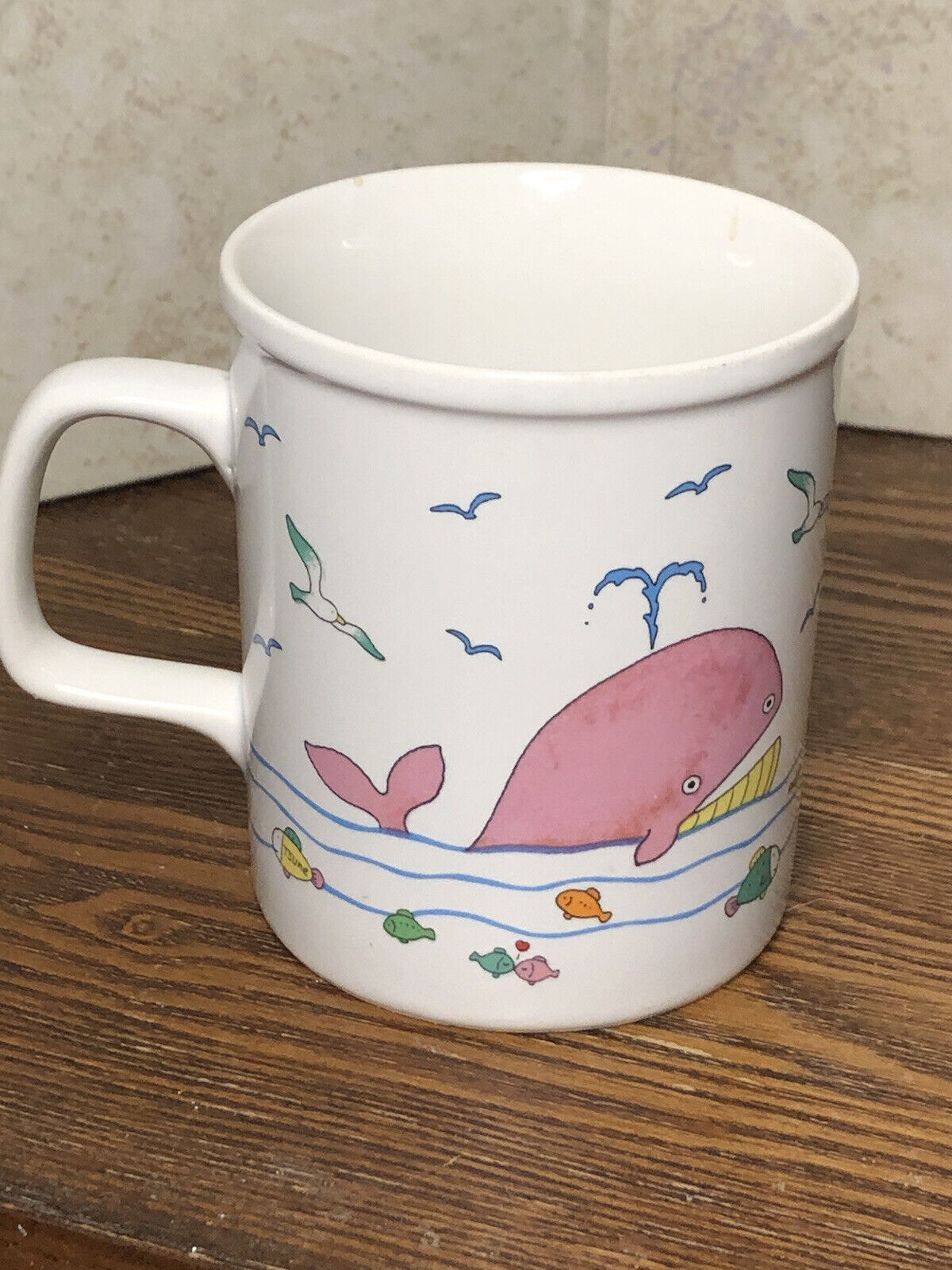 Fun Colorful Oh Whale Coffee Mug Primary Colors Bright Fish Seagulls Boat 3.75”H