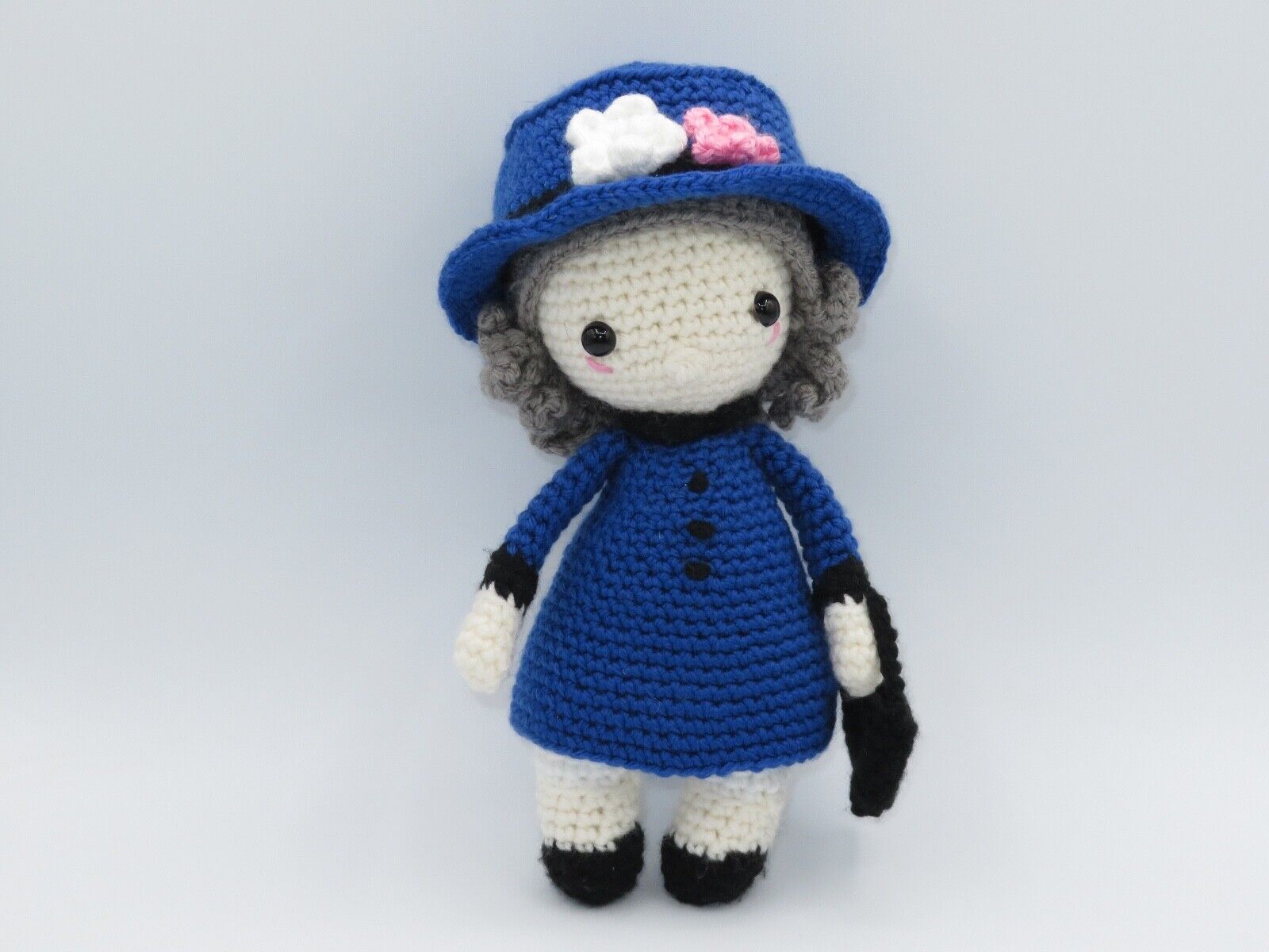 Hand Made Crochet Figure Doll of Queen Elizabeth 11 Plush Blue Dress Hat 9\