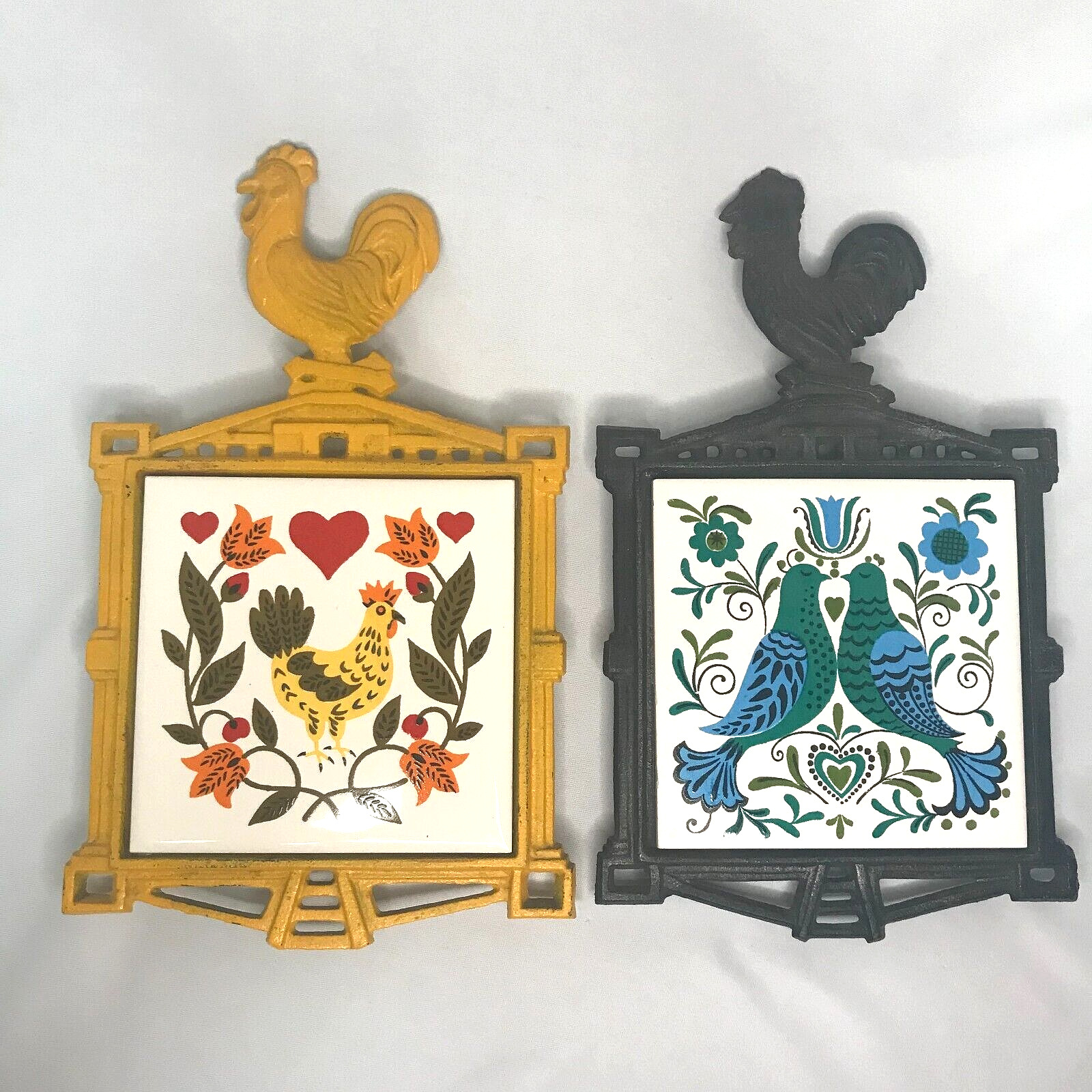 2 Vintage HS Enesco Cast Iron Trivets Wall Hangings - Rooster & Love Birds