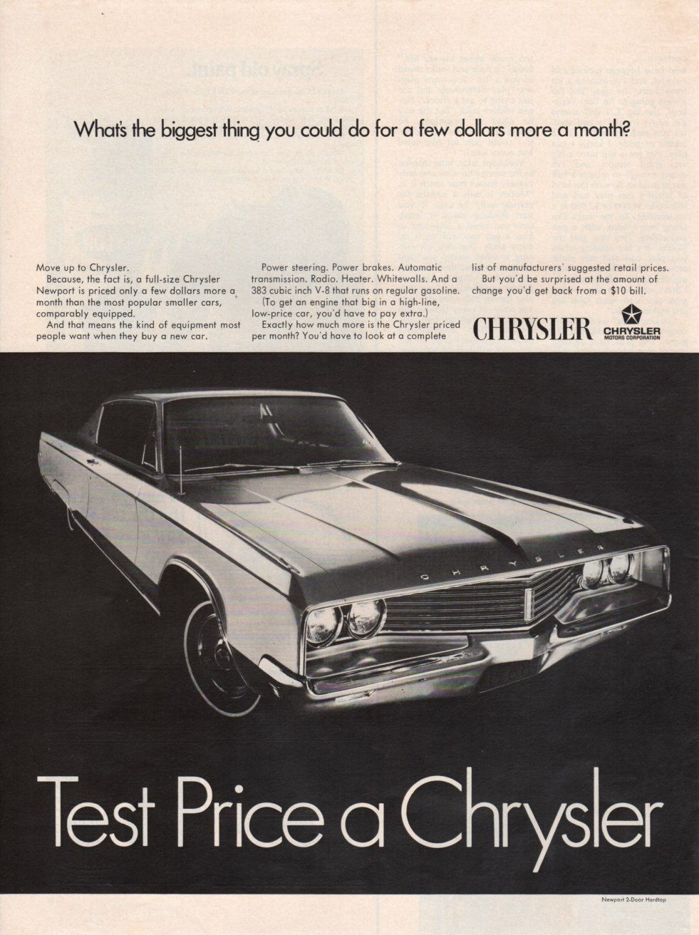 Vintage Print advertisement ad Car CHYSLER 1968 Newport 2 door Whats the Biggest