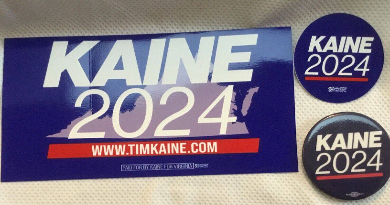 Nice lot of Tim Kaine for U.S Senate Virginia 2024 button, stickers