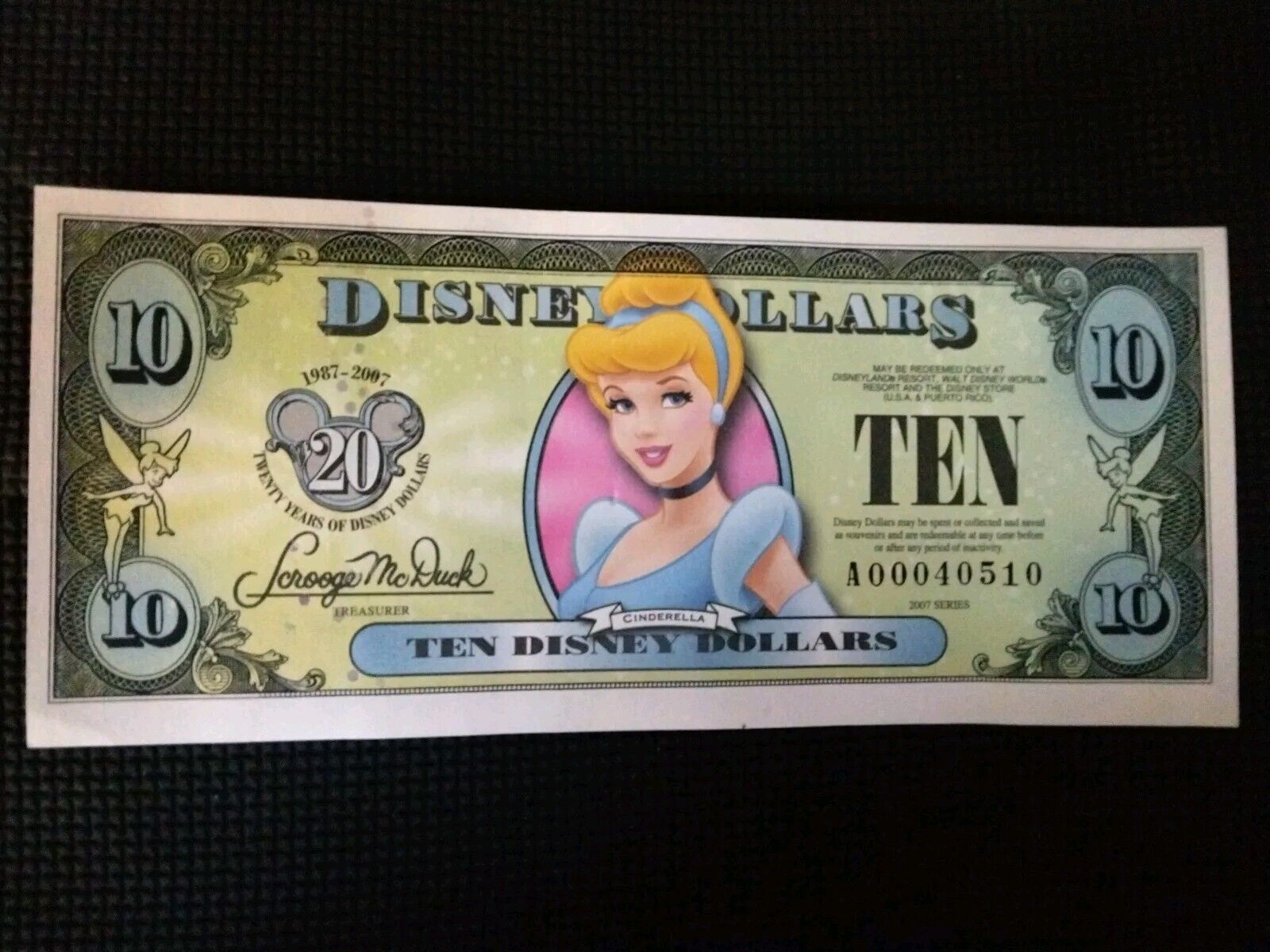 2007 Series T $10.00 20th Anniversary CINDERELLA Disney Dollar NEW #3