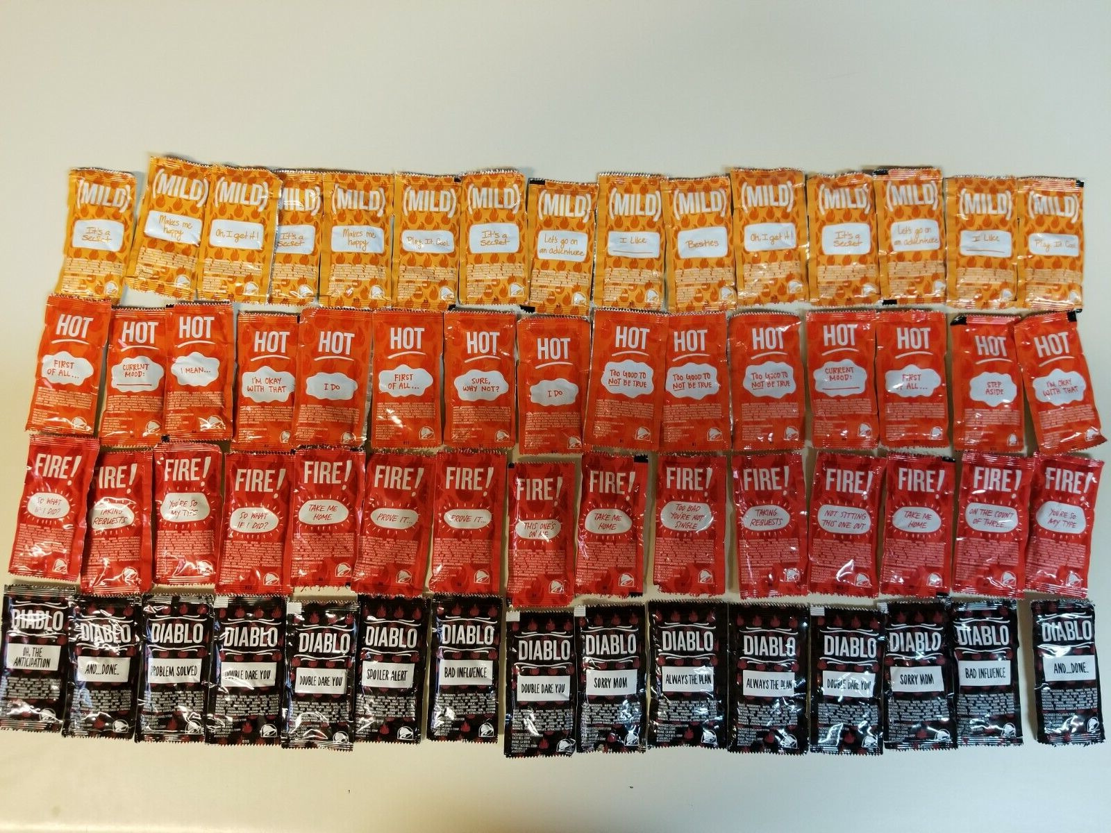60 Taco Bell MILD, HOT, FIRE, DIABLO Sauce Packets.  15 each. New And Sealed
