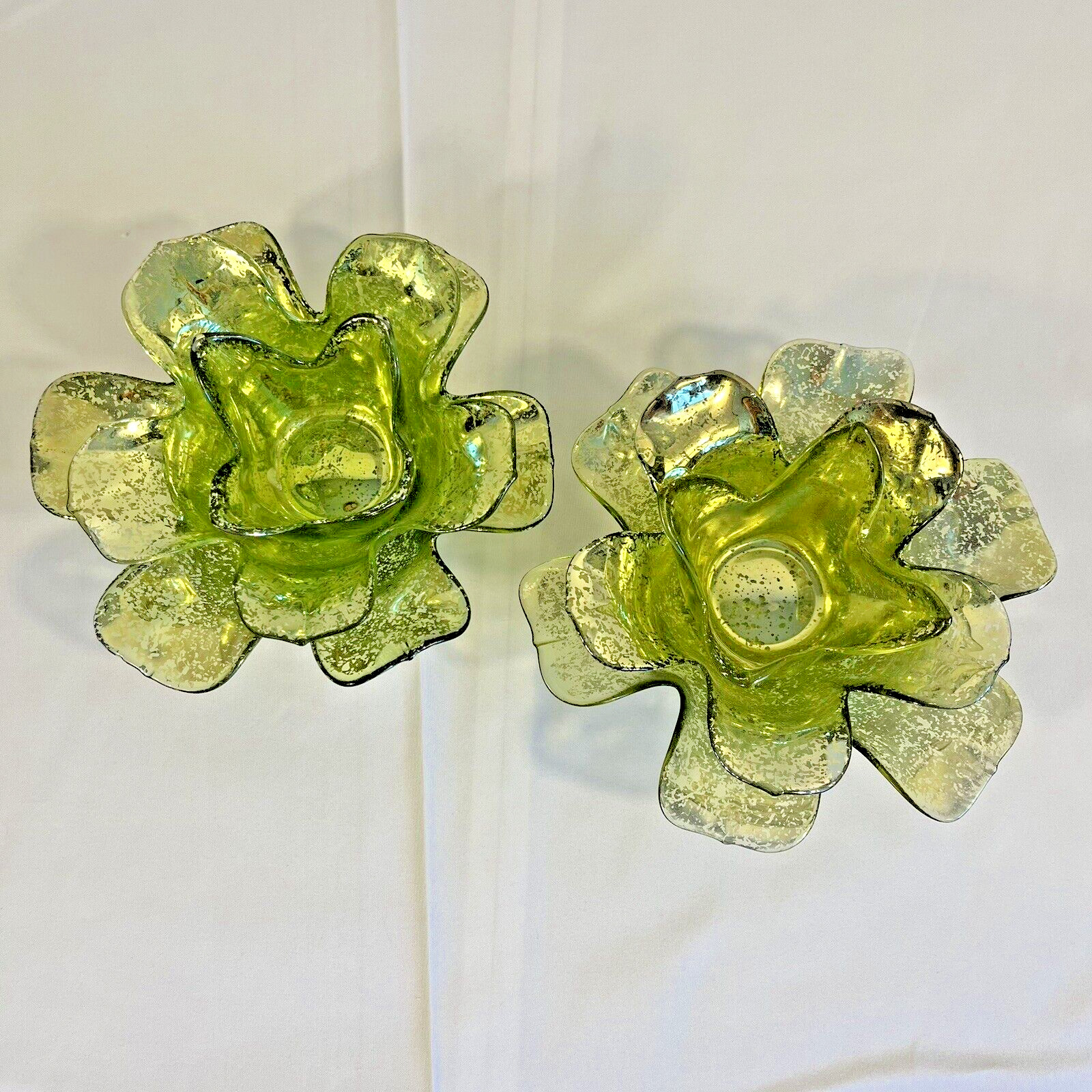 Set Of 2 Vintage Green Mercury Glass Lotus Votive Holders/5.5”/READ