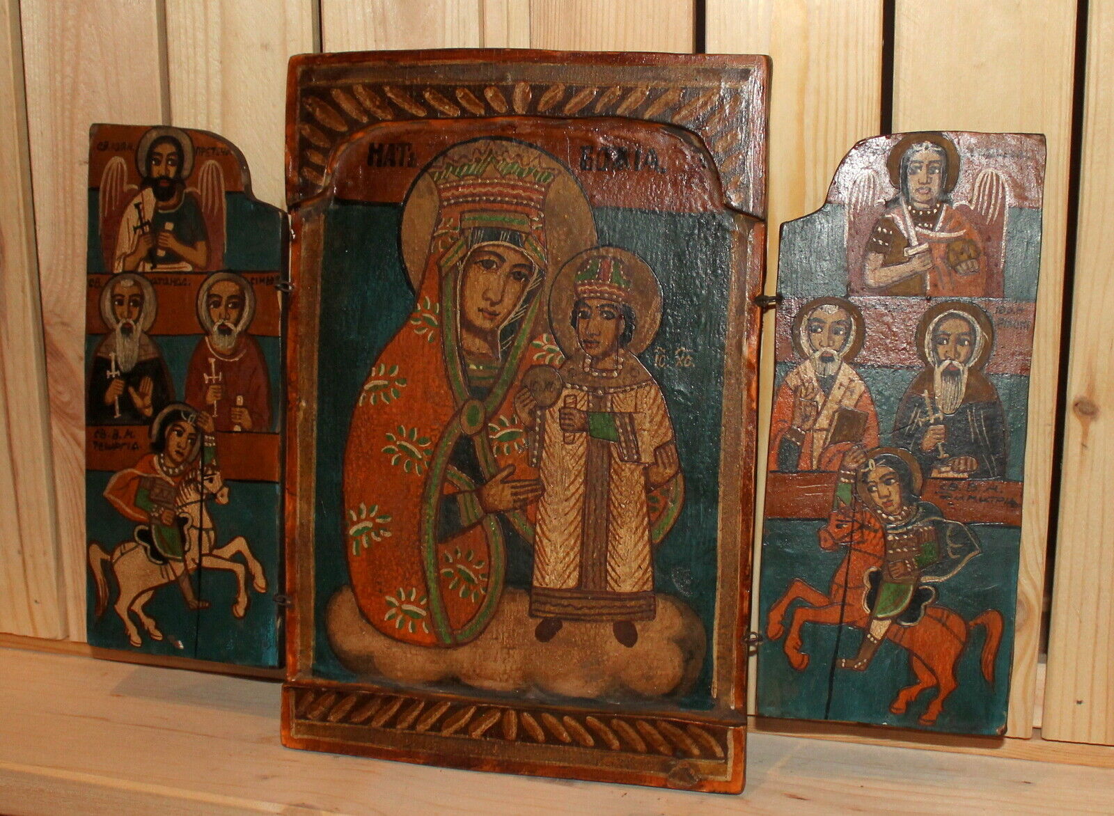 Vintage hand painted Orthodox icon triptych The Virgin Mary Christ Child