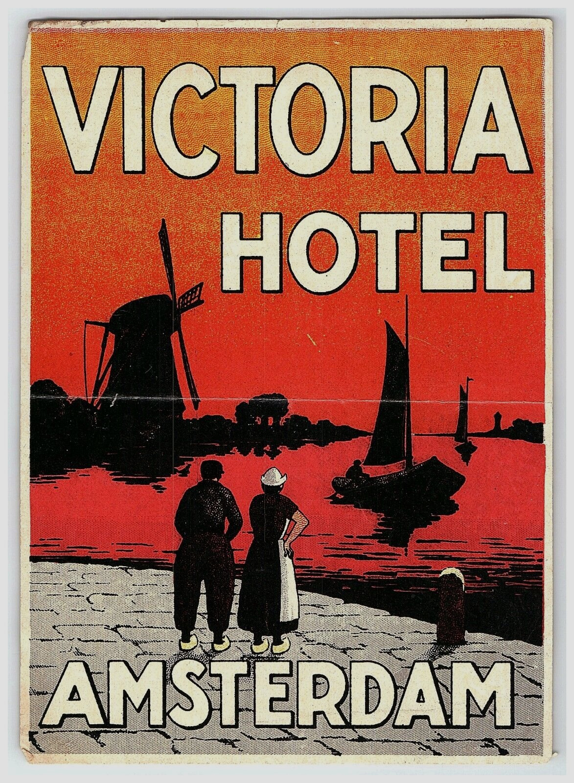 c1920s-30s Victoria Hotel Amsterdam Luggage Label Sticker Windmill Sailboat\'s