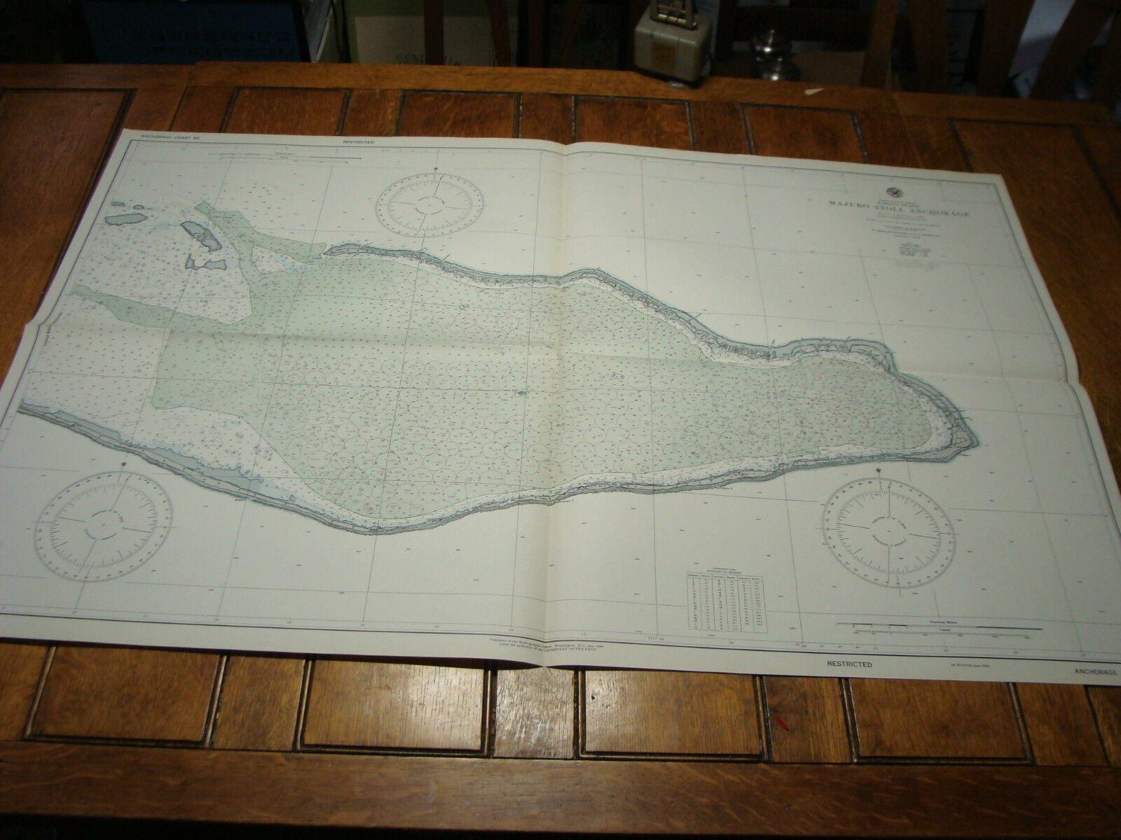 Vintage WW II Era Nautical Chart Map: MAJURO ATOLL ANCHORAGE--RESTRICTED--