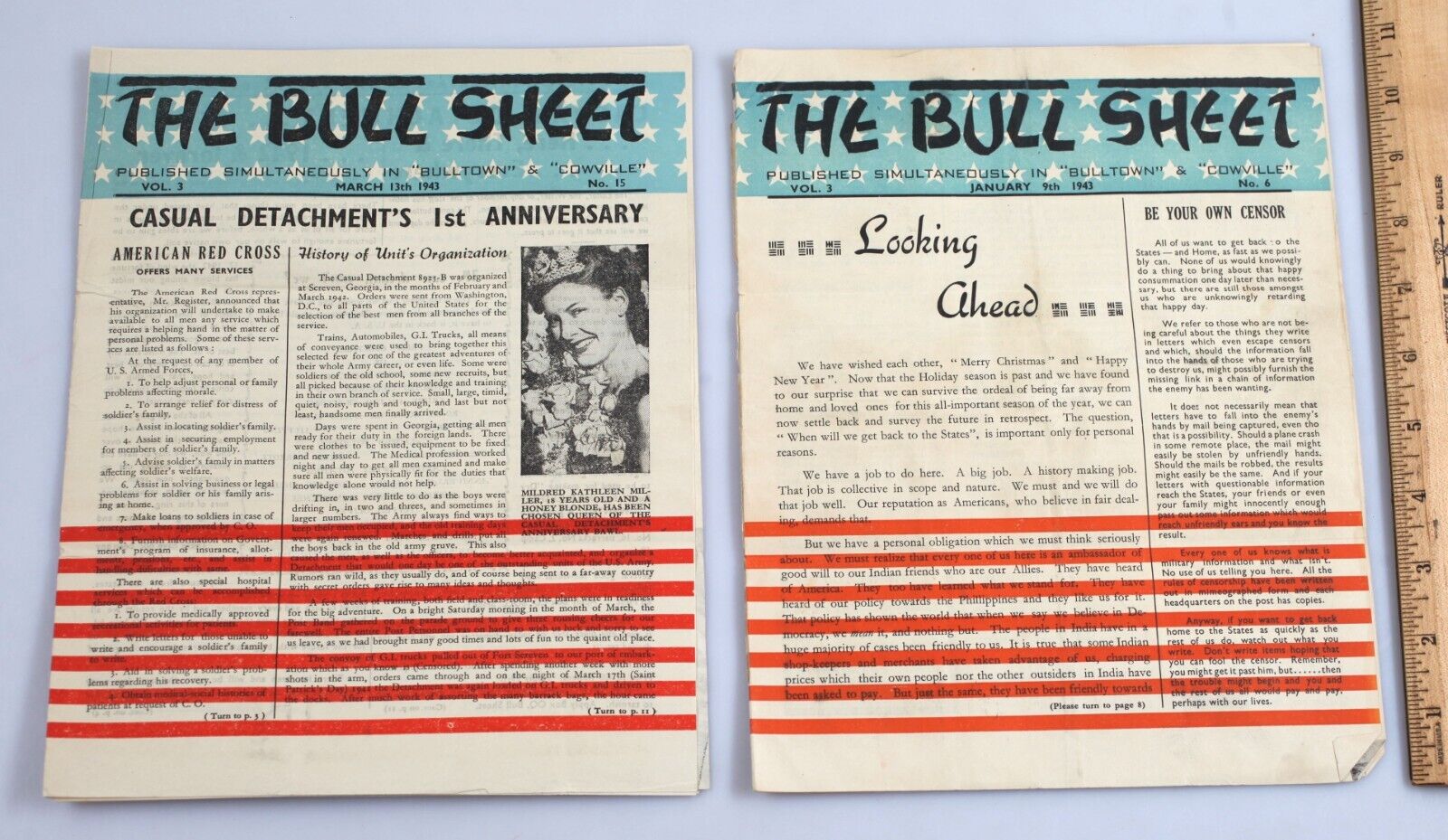 Lot of 2 Vintage 1943 The Bull Sheet Newsletters U.S. Army China Burma India CBI