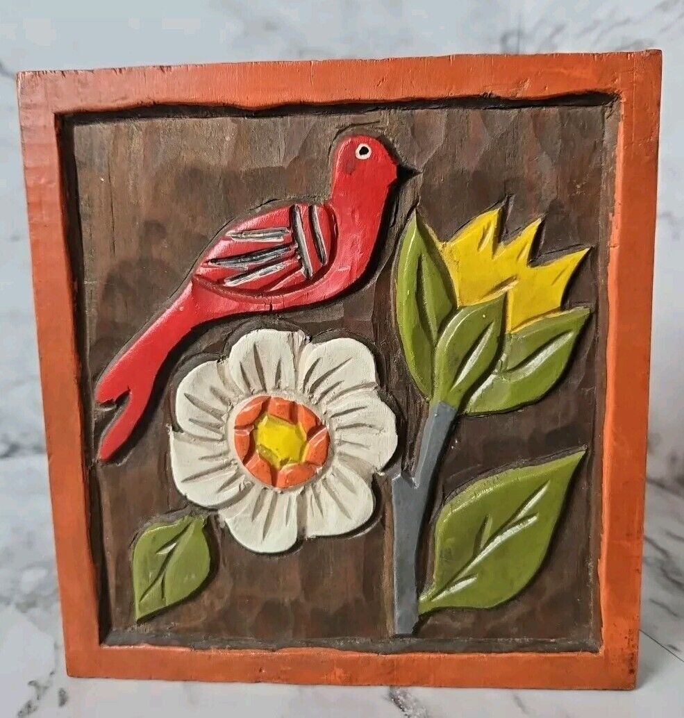 Wood Carved 3D Bird & Flowers Folk Art Vintage Wall Plaque Made In Mexico Signed