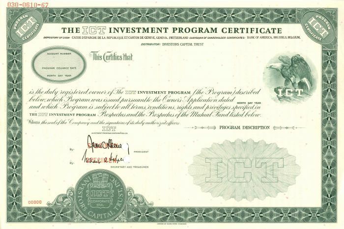 ICT Investment Program Certificate - Specimen Stocks & Bonds