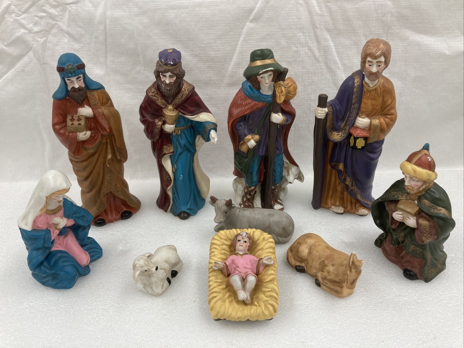 Vintage Nativity Set 10 Piece Hand Painted Bisque Porcelain