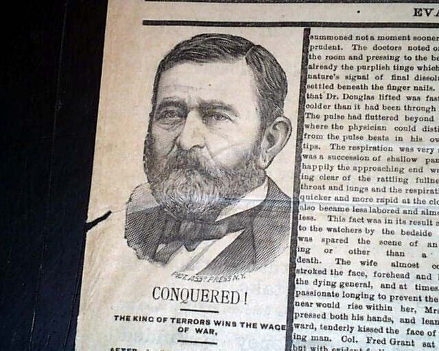General & President ULYSSES S. GRANT Death w/ Portrait PRINT 1885 old Newspaper