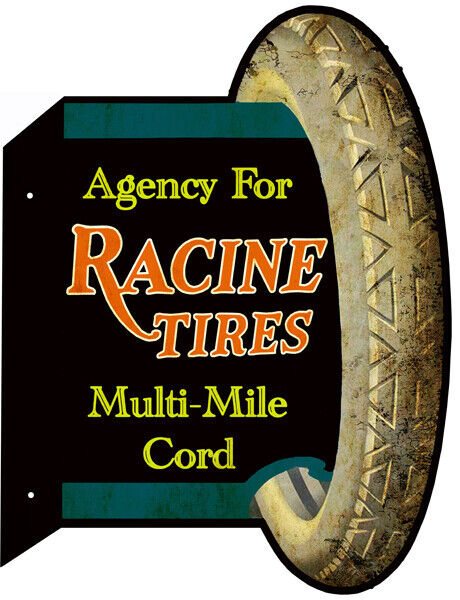 Racine Auto Tires Double Sided Flange Metal Sign 18x23