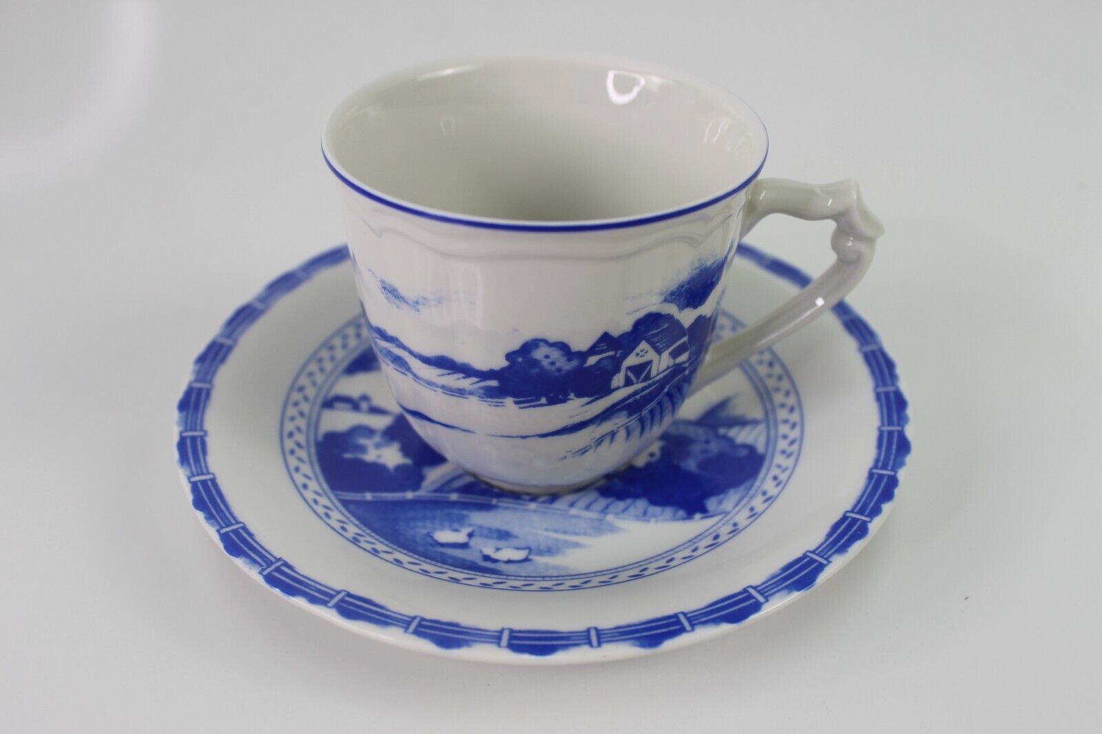 Teleflora Delft Style Blue Cup & Saucer Demitasse Hand  Painted Windmill Flowers