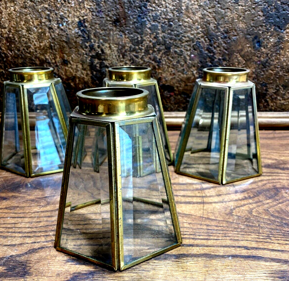 4 Vintage Brass & Beveled Glass Light Fixture GLOBES w 2\