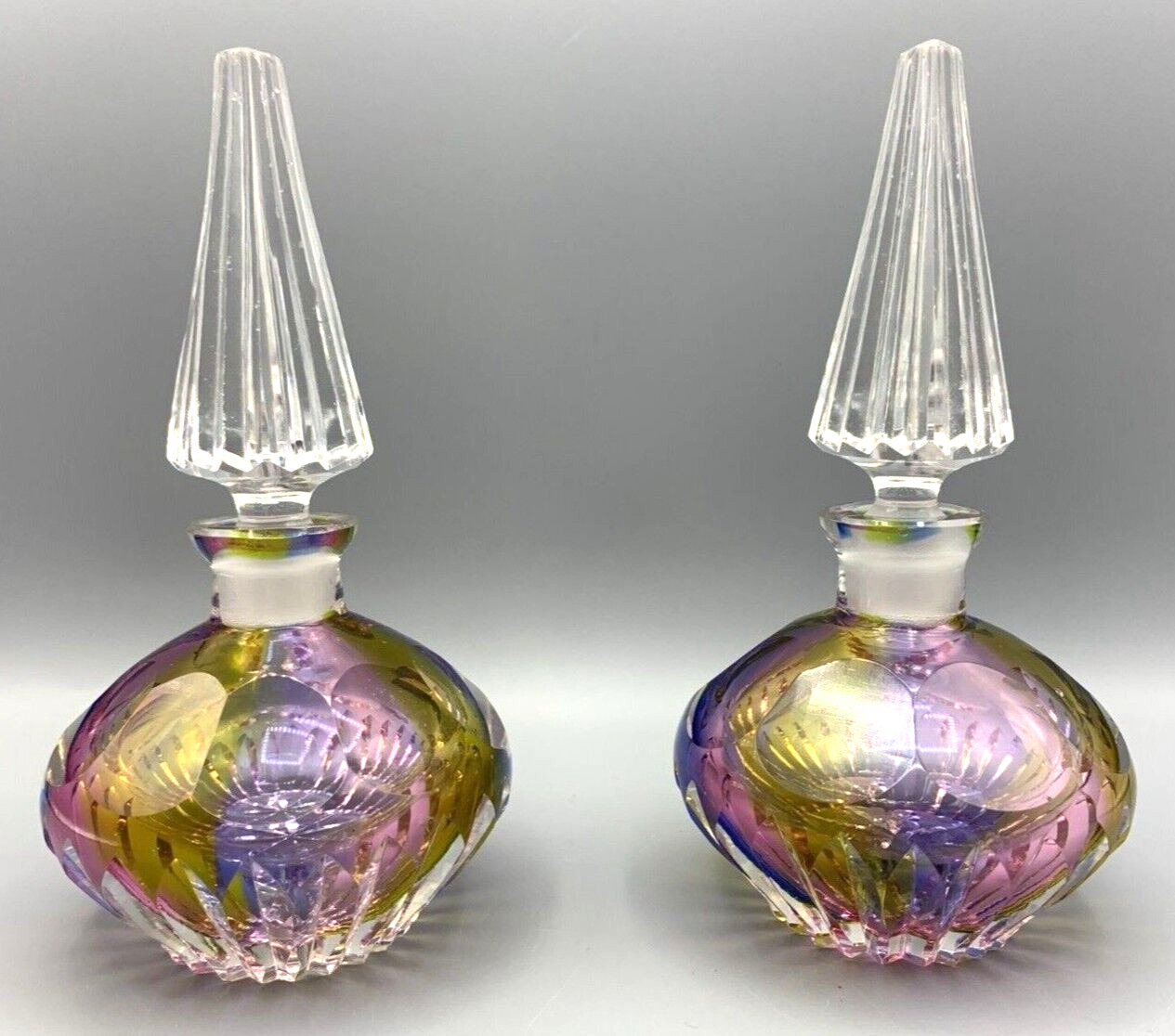 2 LG RAINBOW CUT GLASS CRYSTAL PERFUME SCENT BOTTLES BRILLIANT ABP STYLE VTG