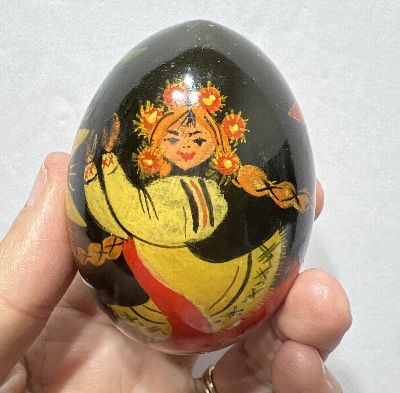 Vintage Russian Dancer Floral Black Lacquer Hand Painted Egg 3” Signed