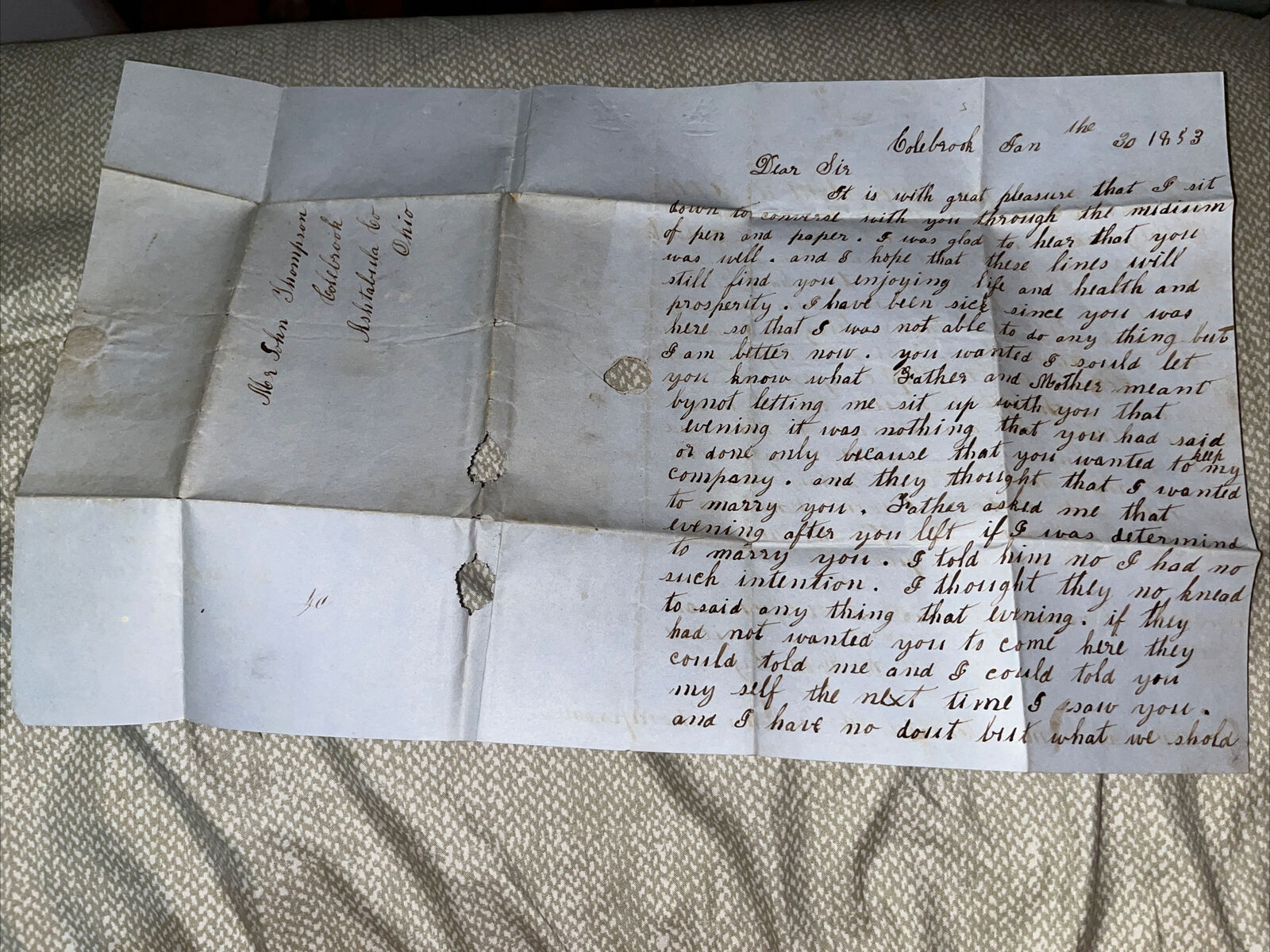 Antique 1853 Letter to Colebrook  Ashtabula County Ohio OH Pre Civil War History