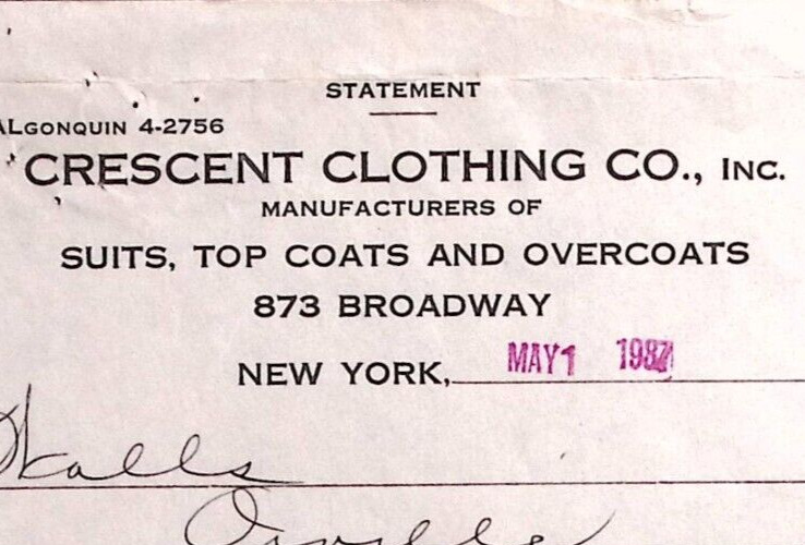 1937 CRESCENT CLOTHING CO SUITS TOP COATS OVERCOATS NY BILLHEAD STATEMENT Z379