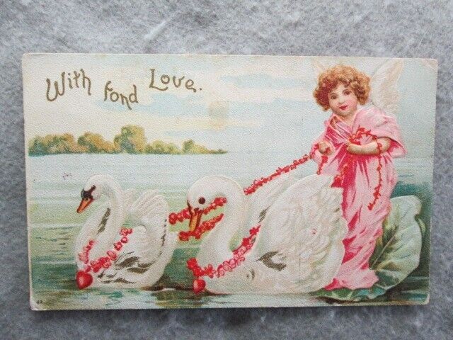 With Fond Love Undivided Back Postcard, Angel Riding On Leaf Pulled By Swans
