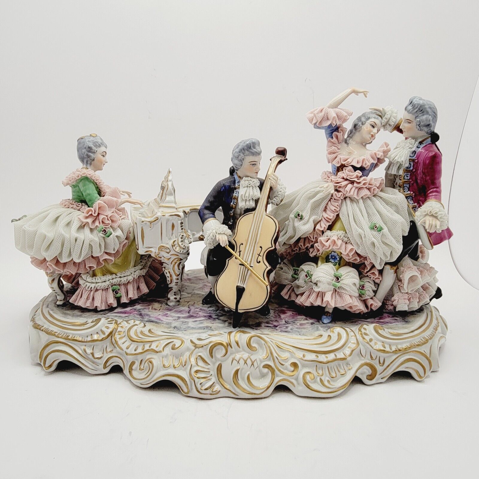 Large Dresden Muller Volkstedt Porcelain Lace Figurine Musical Family - Rare Pc