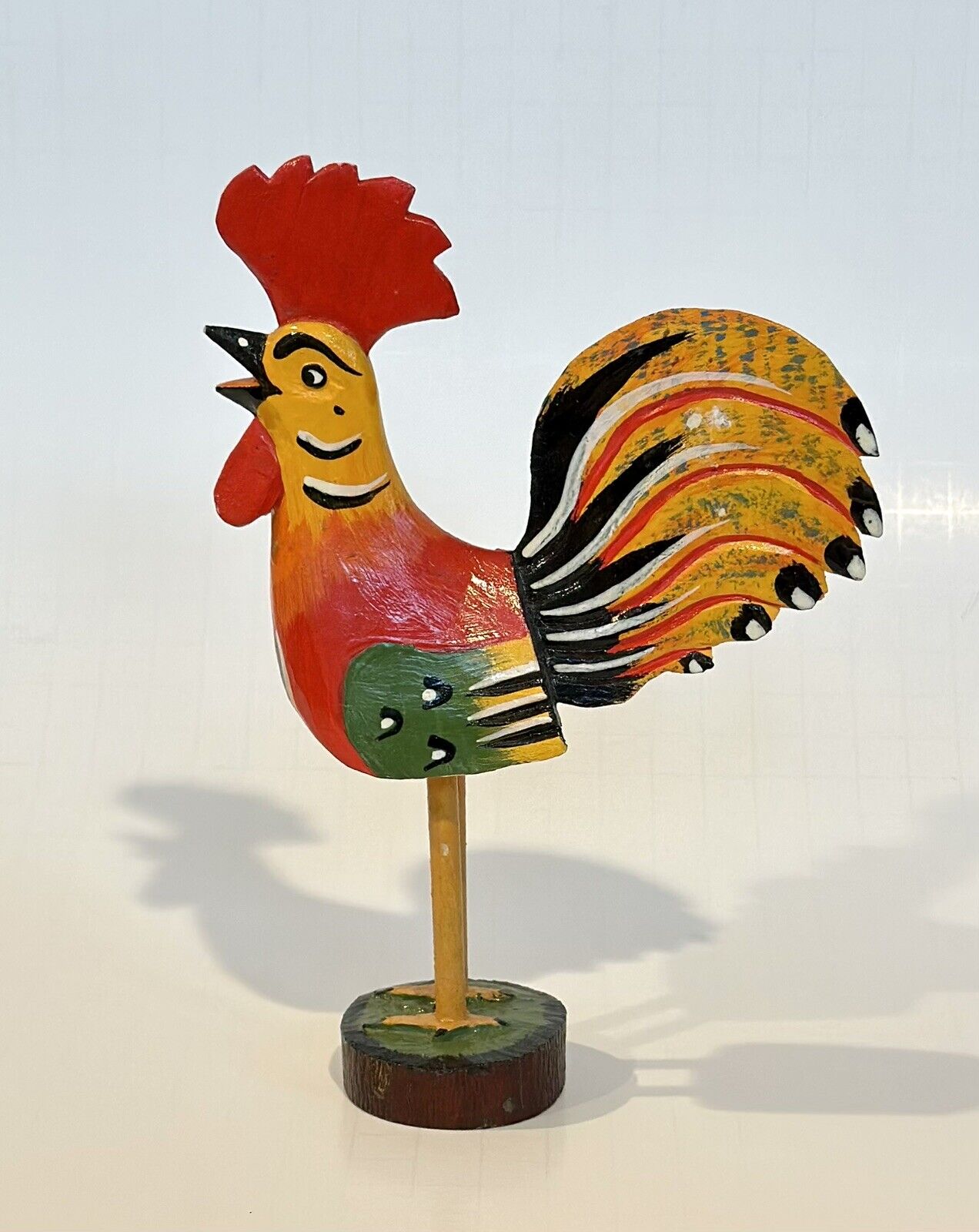 Rustic Colorful Hand-Carved Hand-Painted Wooden Folk Rooster Made In Poland 2005