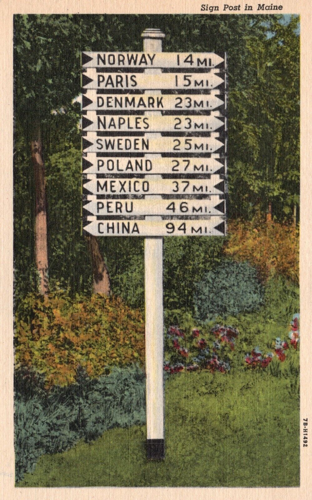 Postcard ME Sign Post in Maine Foreign Countries 1947 Linen Vintage PC H9802